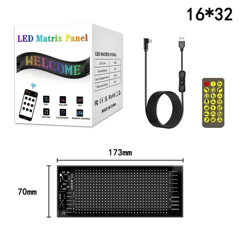 LED Matrix Pixel Panel, Scrolling Bright Advertising LED Signs, Flexible USB 5V LED Car Sign Bluetooth App Control Vue 16x32 LEDs 7x17 CM