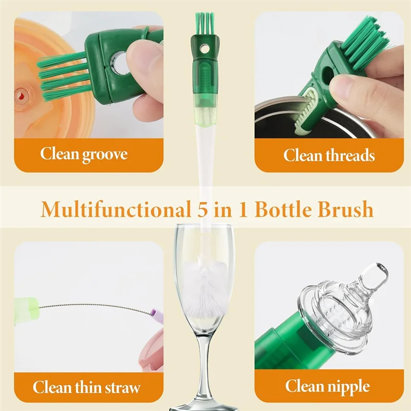 5 In 1 Water Bottle Brushes For Cleaning, Easily Cleans The Cup Mouth, Lid, Bottom, And Straw, Bottle Cleaning Toolsabkw Vue