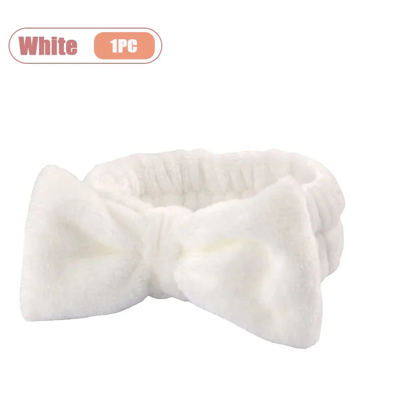 1-20PCS Light Beige Coral Fleece Headband Bow Design for Face Washing Makeup Yoga Turban Shower Hair Band for Women Girls Vue White-1PC