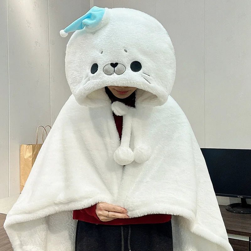 Green Alien Cat Seal Capybara Black Cat Robes Cloak Cute Animal Plush Cloak Blankets Swaddle With Hood Boys Girls Winter Gifts Vue White seal 80x120cm