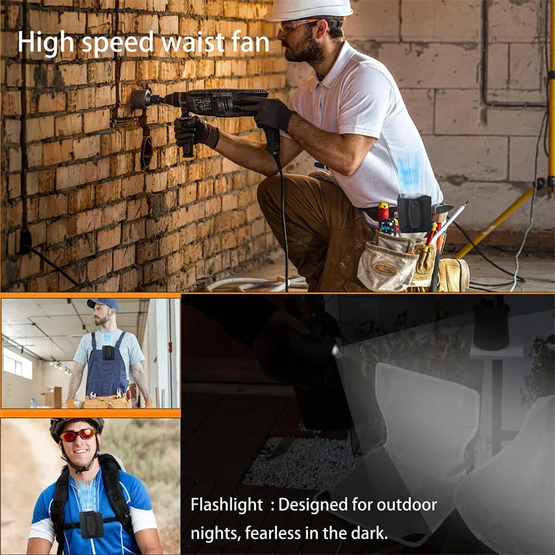 Portable Waist Fan 10000mAh LED Lighting Hanging Neck Fan with Power Bank 5 Speed Strong Airflow Cooling Fan for Outdoor Working Vue
