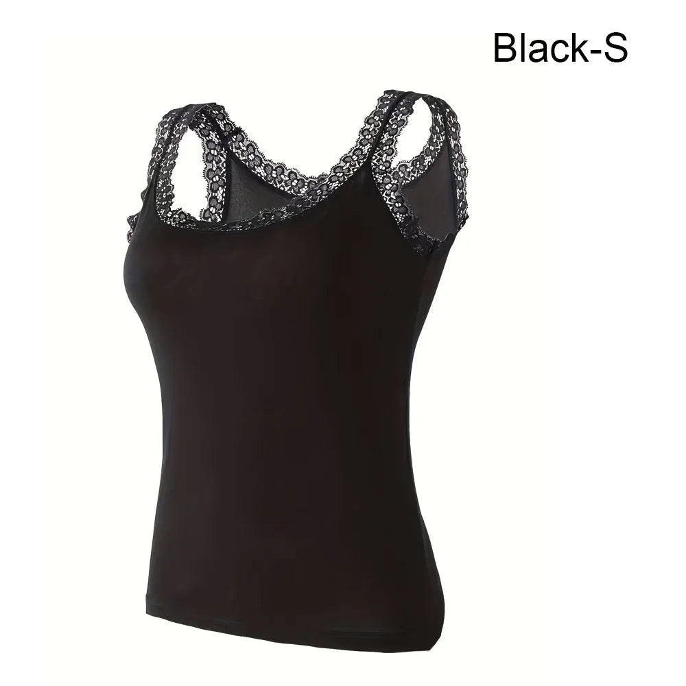 Casual U Neck Summer Tank Tops Sleeveless Lace Cami Shirt Underwear Vue Black-S One Size