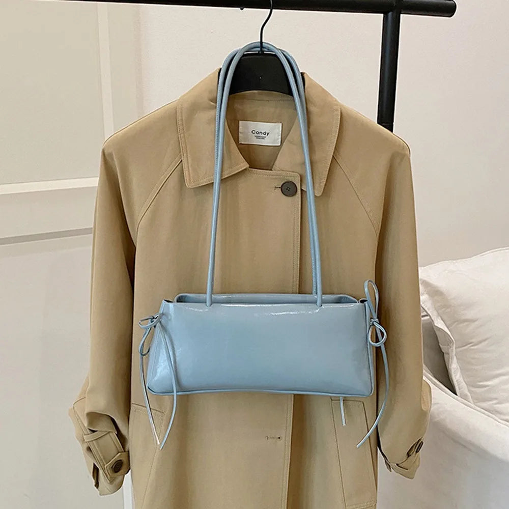 Trendy Multicolor Shoulder Bag PU Leather Bowknot Versatile Commuting Bag with Lace Ribbon Large Capacity Underarm Bag Shopping Vue Blue