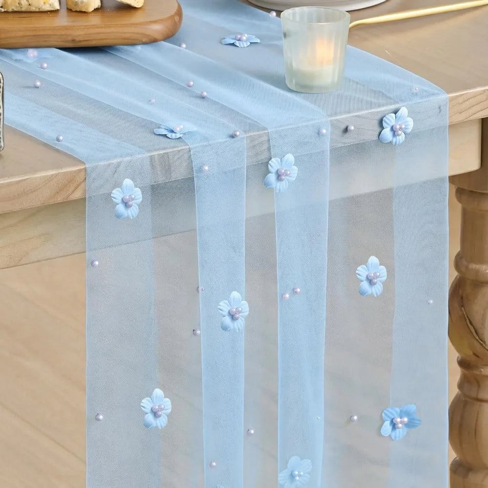 3D Flower Pearl Table Runner Semi-Transparent Multi-color Wedding Table Runner Vintage Romantic Tulle Table Runner Dining Table Vue Blue