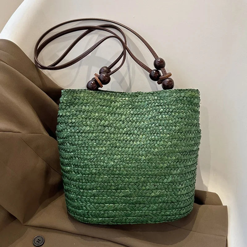 Niche Forest Bucket Bag Wooden Bead Magnetic Buckle Shoulder Retro