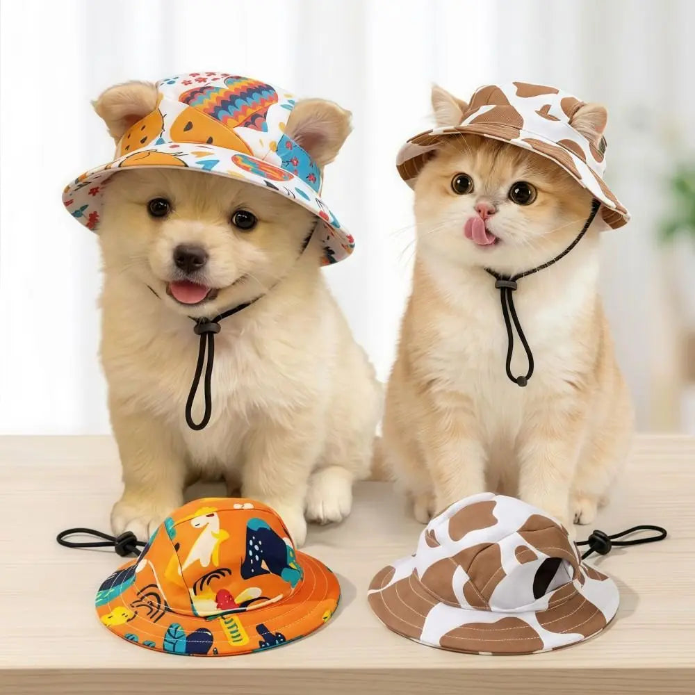 Breathable Cat Dog Sun Hat Ear Holes Adjustable Drawstring Pet Bucket