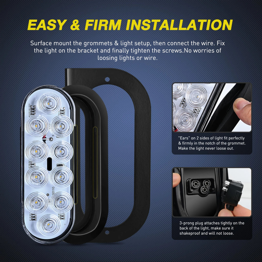 6' Oval Trailer Tail Light with Flush Mount Grommets Plugs Mounting Brackets 2PCS Turn Signals Lights for RV Truck Reverse light Vue