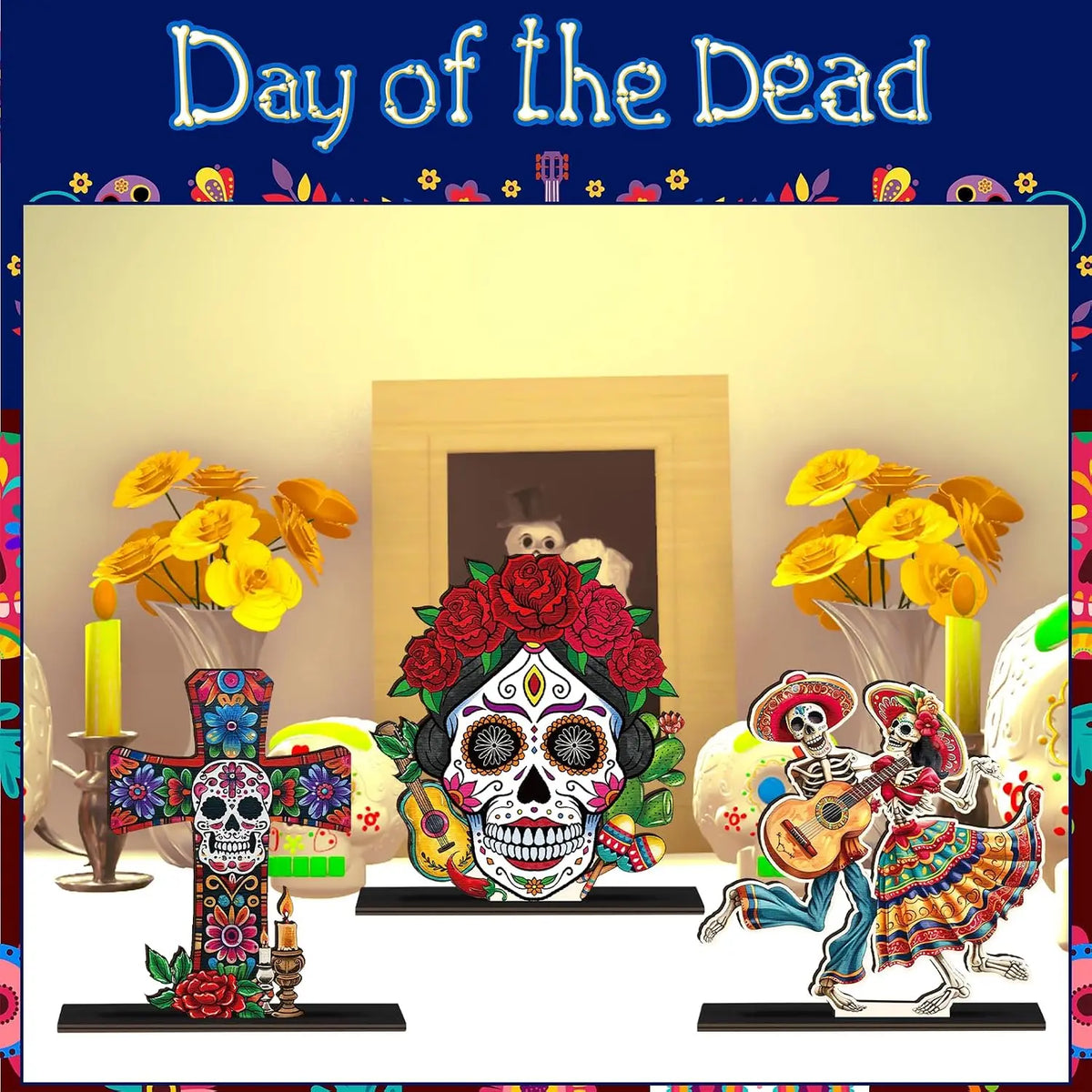 1-10PCS Day of The Dead Wooden Skull Display Tray for Mexican Carnival Halloween Party Fiesta Table Centerpiece Home Decor Vue