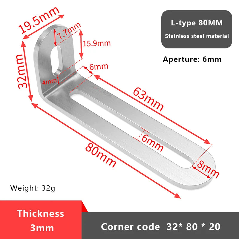 1PCS L-shaped Stainless Steel Adjustable Angle Code Long Hole Activity 90 ° Right Angle Furniture Fixer Shelf Bracket Connector Vue 5 Silver
