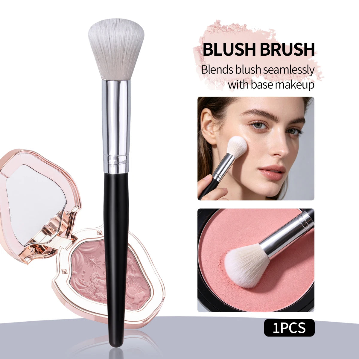 1PCS Fluffy Blush Makeup Brush, Black Long Handle Silver Ferrule Soft Synthetic hair Precise Cheek Blending Brush Free Shipping Vue black