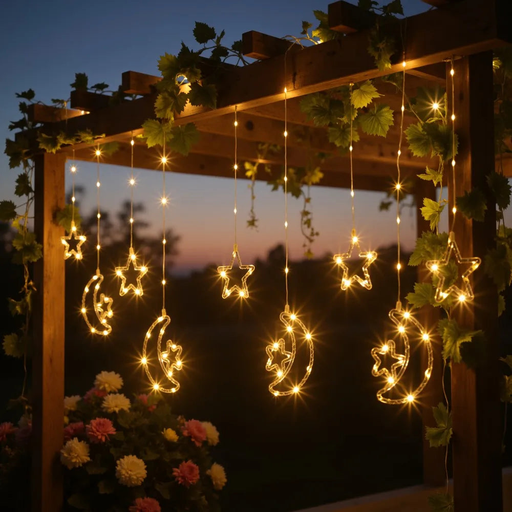 1PC 3M USB Moon&Star Curtain Light with Remote Control,8 Lighting Modes,Suitable for Room,Party and Ramadan Decoration Vue