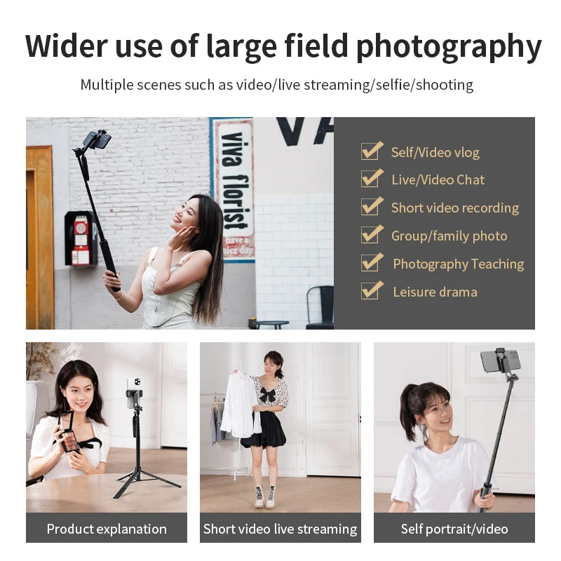 1.6m Wireless Selfie Stick Tripod Stand Foldable Monopod Light For Smartphones Balance Steady Shooting Live Vue