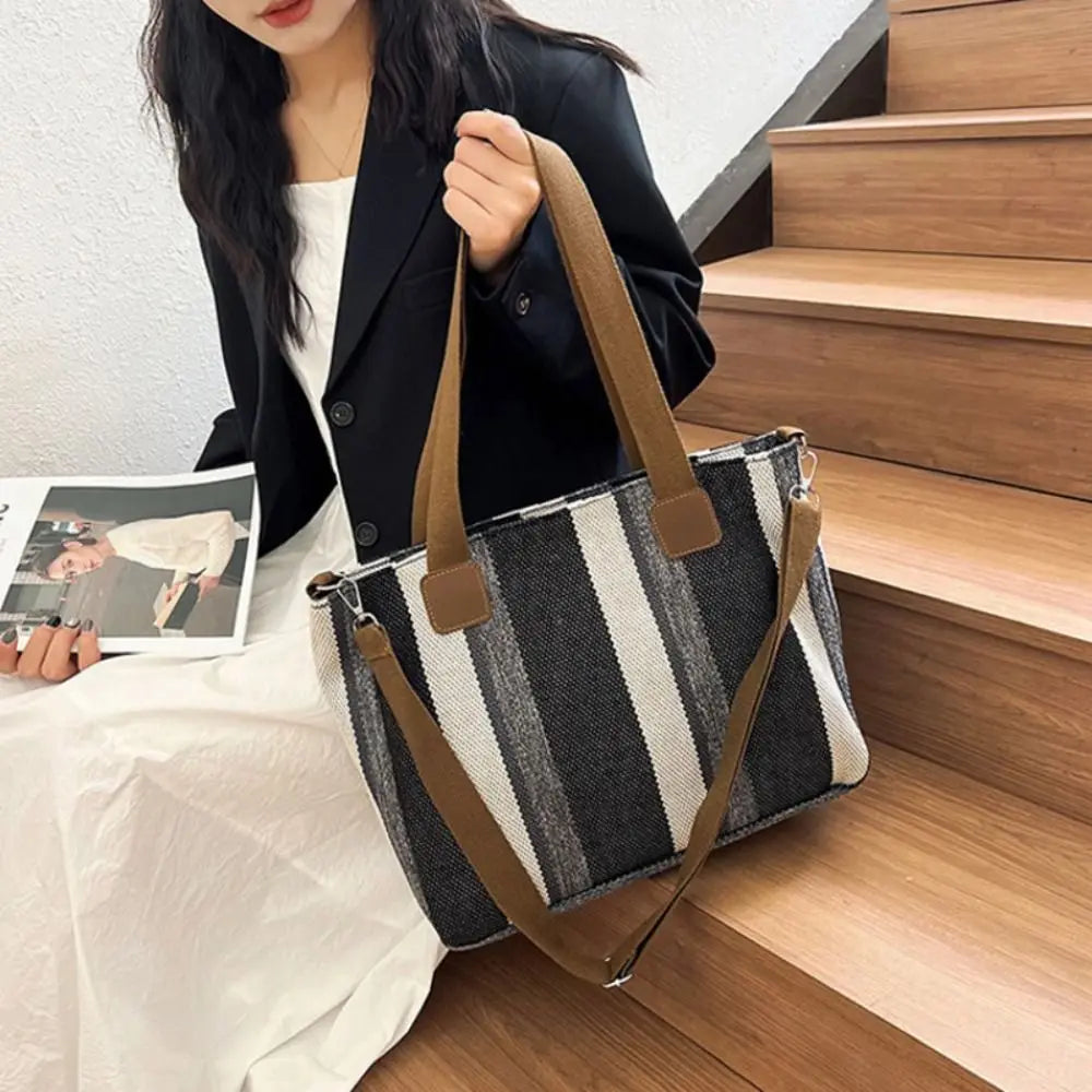 New Cloth Striped Tote Bag Detachable Strap Adjustable Shoulder Bag Dual Handles with Rabbit Pendant Handbag Office Vue
