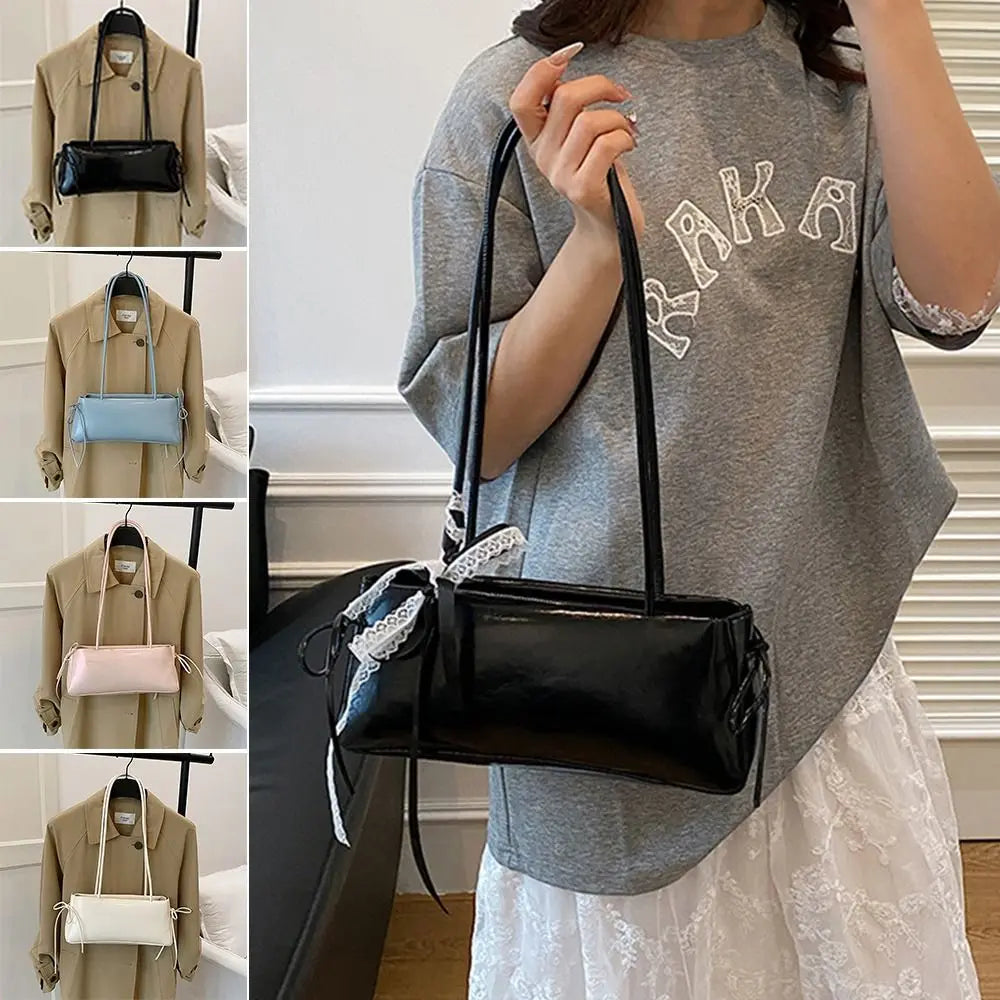 Trendy Multicolor Shoulder Bag PU Leather Bowknot Versatile Commuting Bag with Lace Ribbon Large Capacity Underarm Bag Shopping Vue