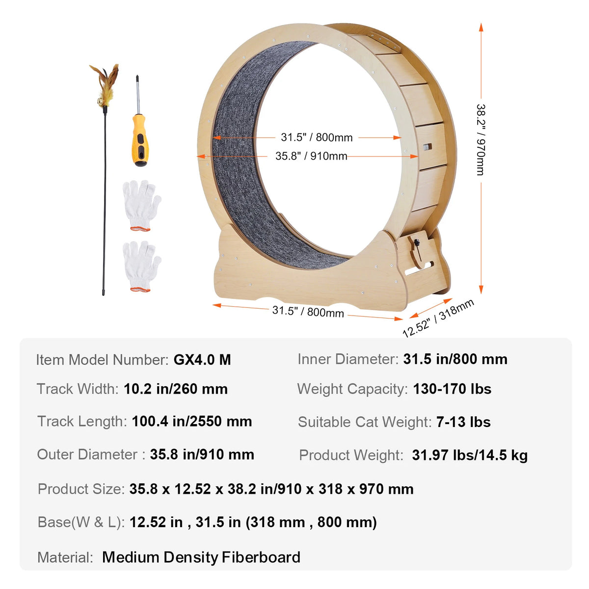 SucceBuy Wooden Cat Exercise Wheel Large Cat Treadmill Wheel for Indoor Cat Running Wheel with Detachable Carpet& Cat Teaser Vue 35.8inch france