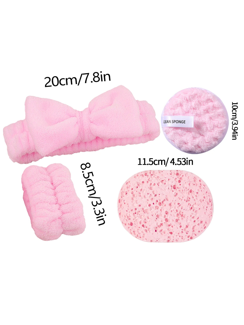 Hot Sale 4PCS Pink Plush Skincare Set, Bow Headband + Wristbands + Cleansing Sponge for Face Washing & Makeup Removal Vue
