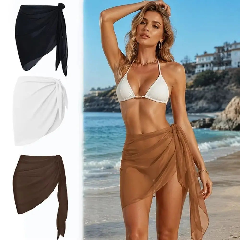 Stylish Solid Women Beach Skirt Sheer Short Bikini Strap Design