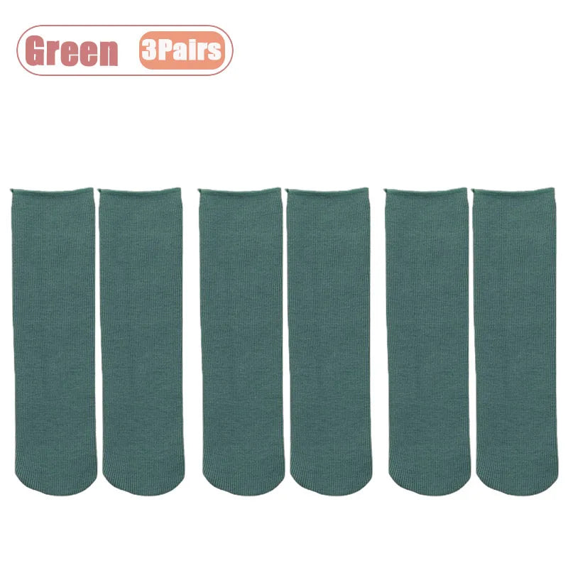 1-10Pairs Winter Solid Color Mid Calf Ribbed Snow Socks Japanese Stackable Warm Thick Fleece Lined Thermal Floor Socks for Home Vue Green-3Pairs One Size