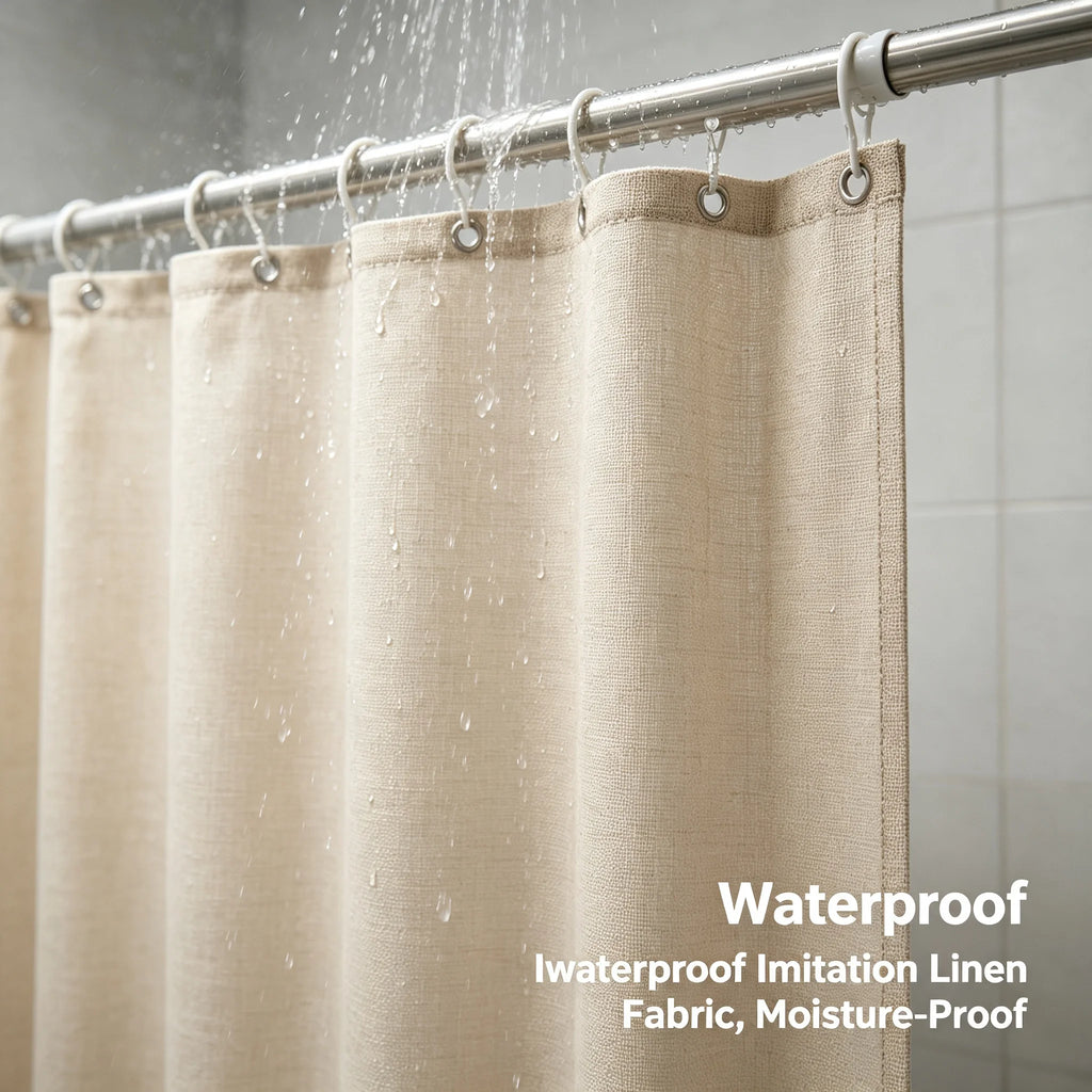 Folding Shower Curtain Set | 4-Section Rod, Drill-Free, Beige Shower Curtain Set Vue
