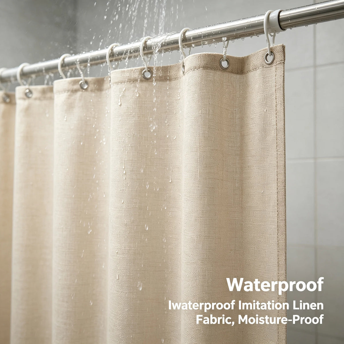 Folding Shower Curtain Set | 4-Section Rod, Drill-Free, Beige Shower Curtain Set Vue