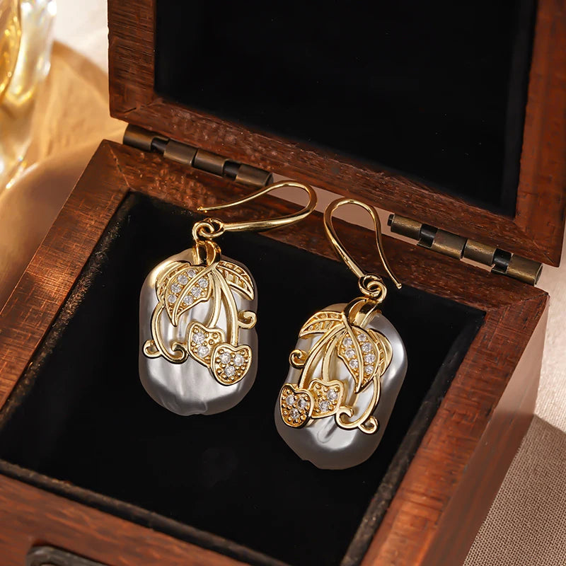 Huitan Pearl & Cubic Zirconia Gold Dangle Drop Earrings Drop Earrings Vue