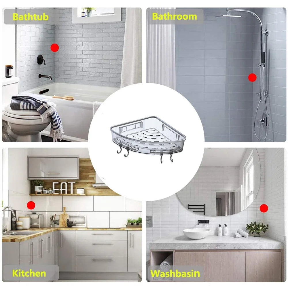 ABKW-Wall-Mounted Triple-Cornered Storage Rack,Bathroom Shelf With Towel Bar Hooks,Organizer For Bath Household Vue