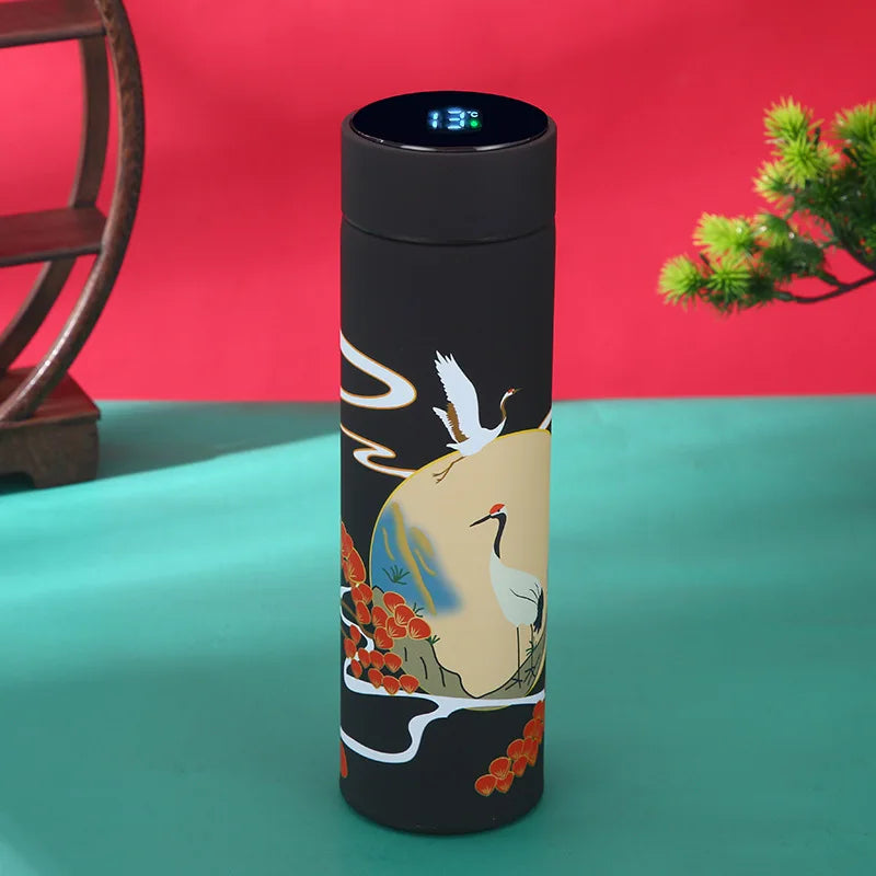 Chinese Style Vacuum Flask With Temperature Display Retro Smart Insulated Water Bottles 304 Stainless Steel Thermal Cu Travel Vue black 401-500ml
