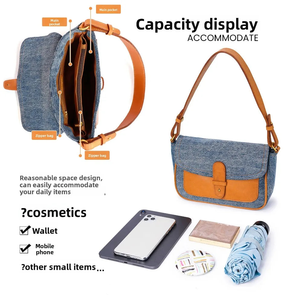New Fashionable Women's Messenger Bag Denim Splicing Vegetable Tanned Leather Underarm Bag Women's Bag Retro Simple Casual Bag Vue