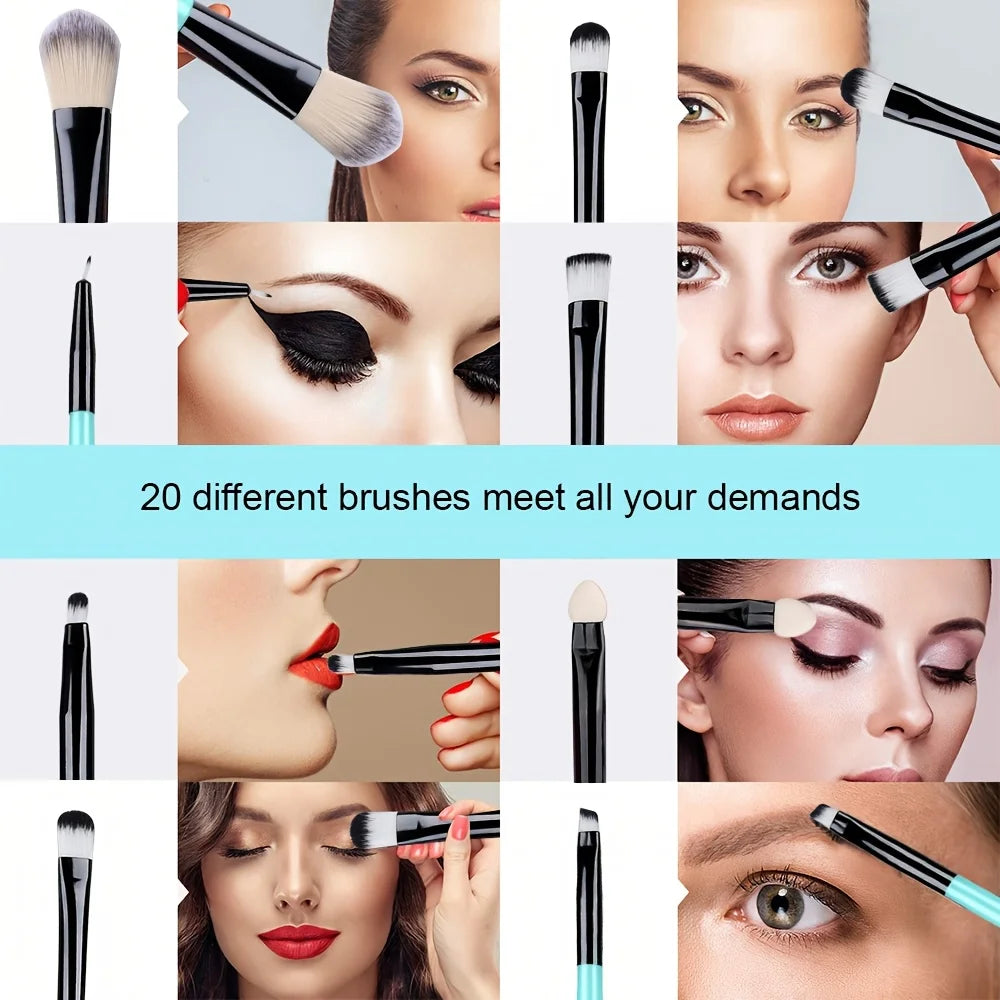 20Pcs Makeup Brush Set Eyeshadow Eyeliner Brushes Foundation Concealers Powder Blush Blending Beauty Tool with Makeup Sponge Kit Vue
