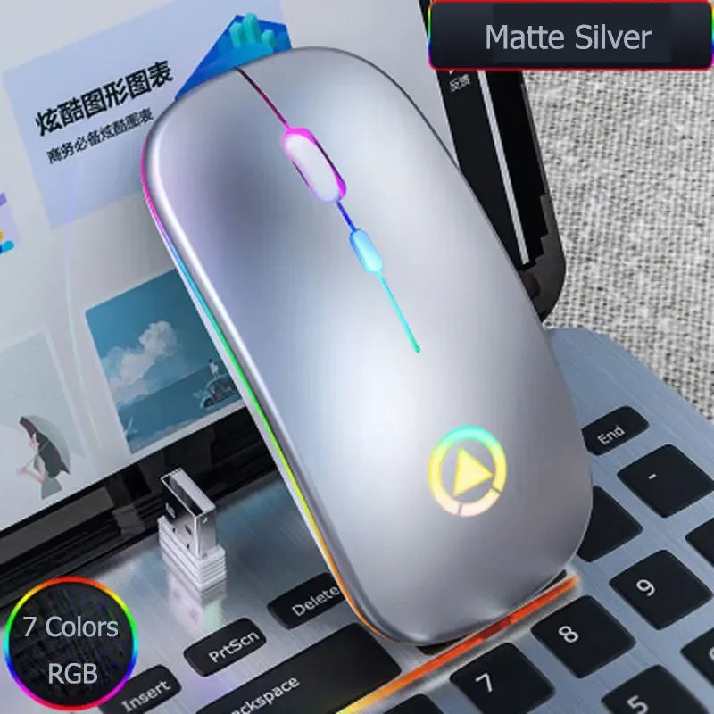 Rechargeable Wireless Mouse Colorful Backlit Mosue Silent Mute Computer Accessories for Home /Office / Games Vue Silver