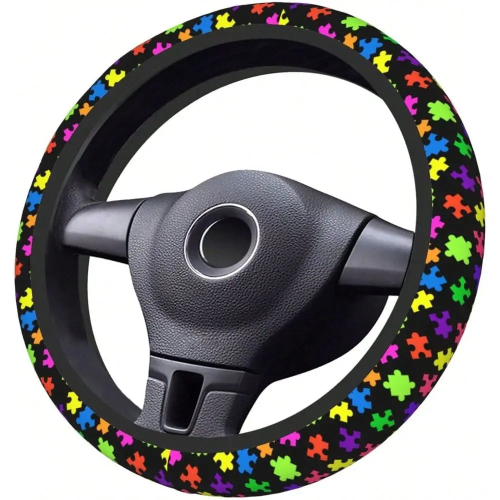 Puzzle Pieces Neoprene Car Steering Wheel Cover Protector Upgrade Thicken,Autism Awareness Colorful,Anti Slip Soft Car Accessor Vue