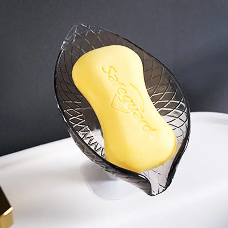 1Pc Leaf Design Drain Soap Box with Suction Cup Decorative Plastic Self Draining Bathroom Soap Tray Bathroom Organizers Storage Vue Grey 1pcs