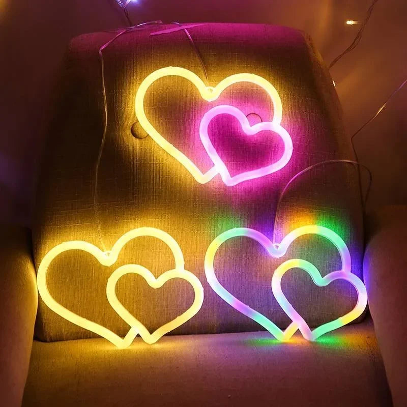 Colorful Neon Double Heart Light Neon Signs for Wall Decor Atmosphere LED for Kids Room Valentine's Day Party Confession Wedding Vue