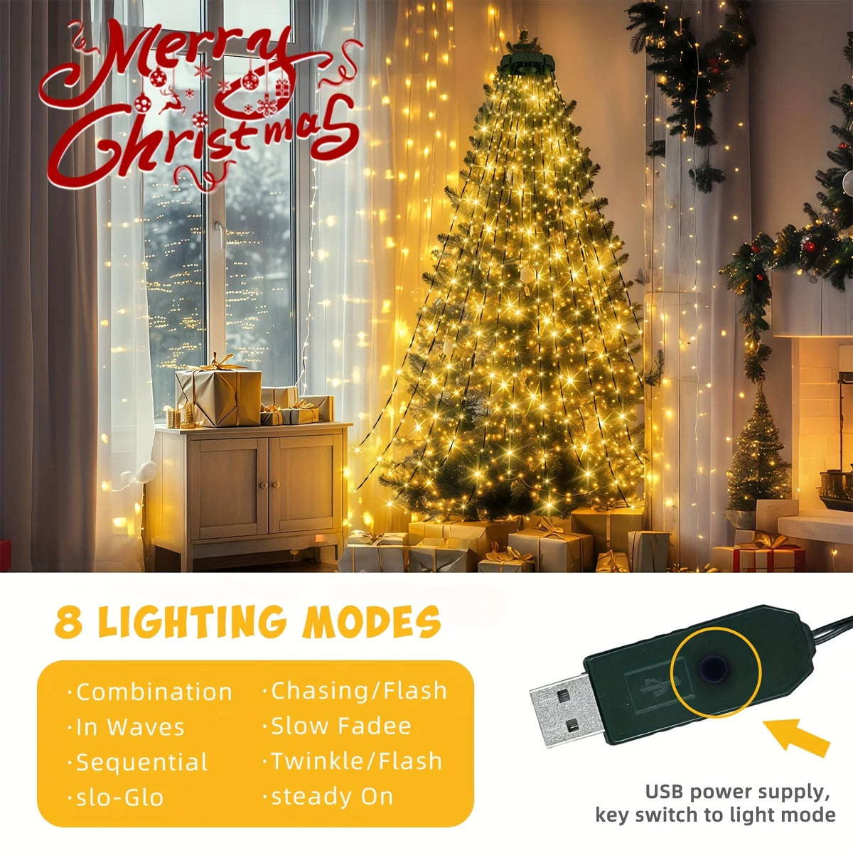 Multicolor Waterfall LED Christmas Tree LED Lights with USB Plug, Hanging Fairy String Light for Indoor Xmas Party Window Decor Vue