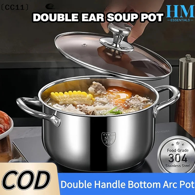 Stainless Casserole Cookware Double Handle Soup Pot Glass Cover