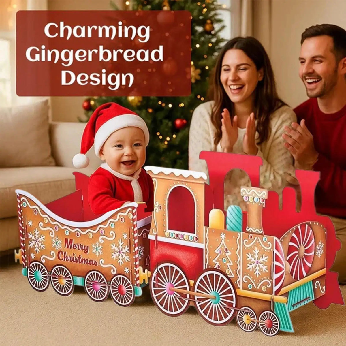 Gingerbread Christmas Train Box Holiday Decor for Mantel, Desk, Home & Party Festive Decorative Storage for Office, Living room Vue