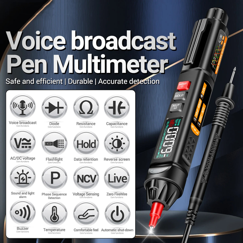 ANENG A3009 Mini Pen Multimeter with Voice Broadcast 6000 Counts Voltmeter VA Reverse LCD Display Flashlight NCV Tester Vue