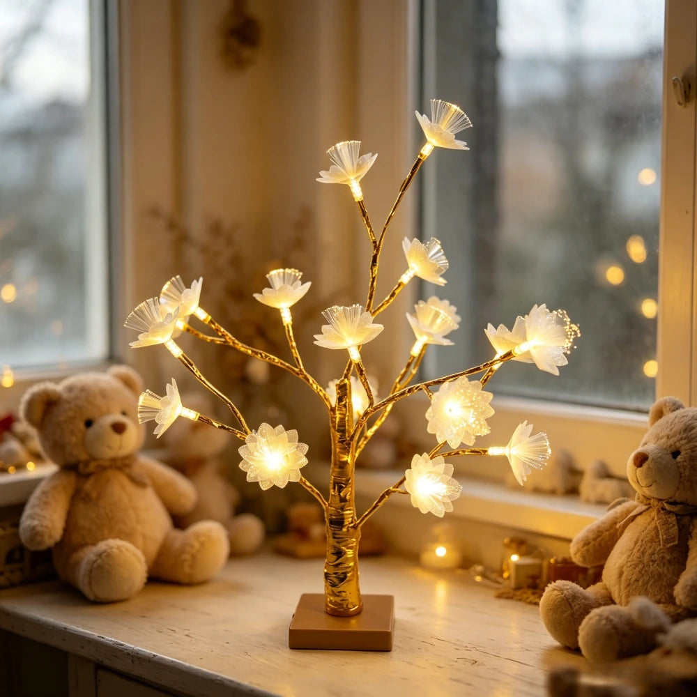 Double Layer Fiber Optic Lotus Flower Golden Birch Tree LED Table Lamp, Floral Desktop Light for Bedroom Table Home Decor Vue Warm White 1PC 18LED