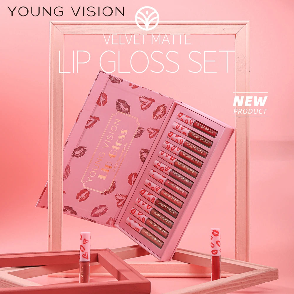 YOUNG VISION 12Pcs/set Lip Glaze Magnet Gift Box Set Matte Non Stick Cup Liquid Lipstick Vue