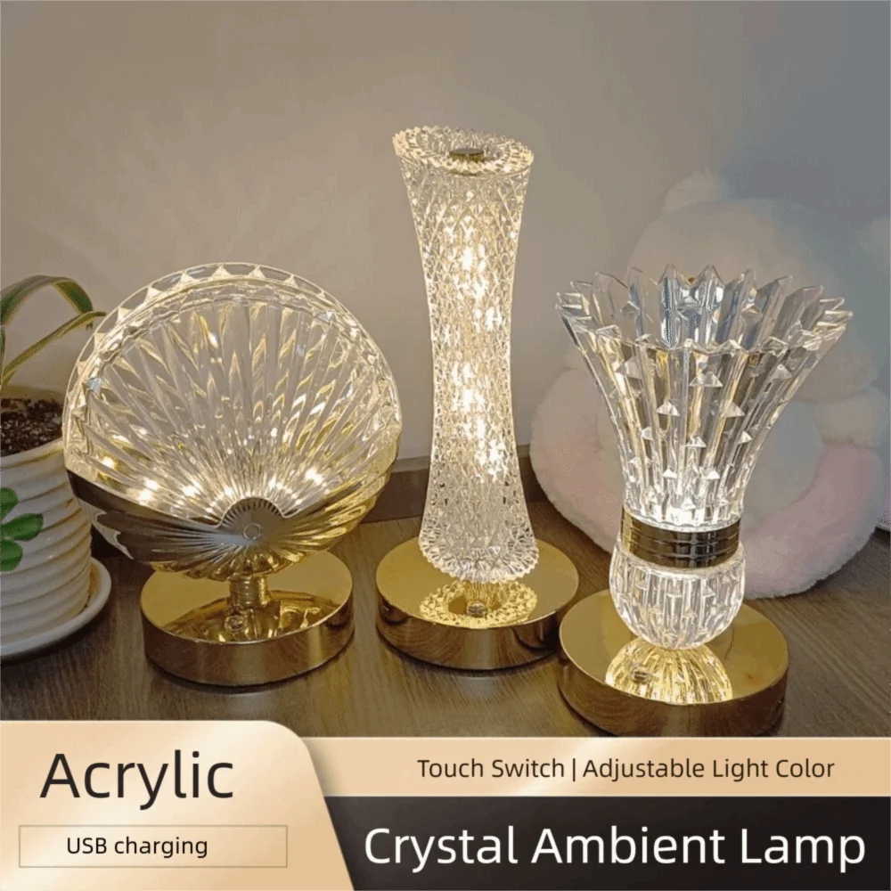 Dimmable Crystal Table Lamp Touch Control Soft Lights LED Desk Lamp Ornaments Adjustable Acrylic Night Light Restaurant Ambiance Vue