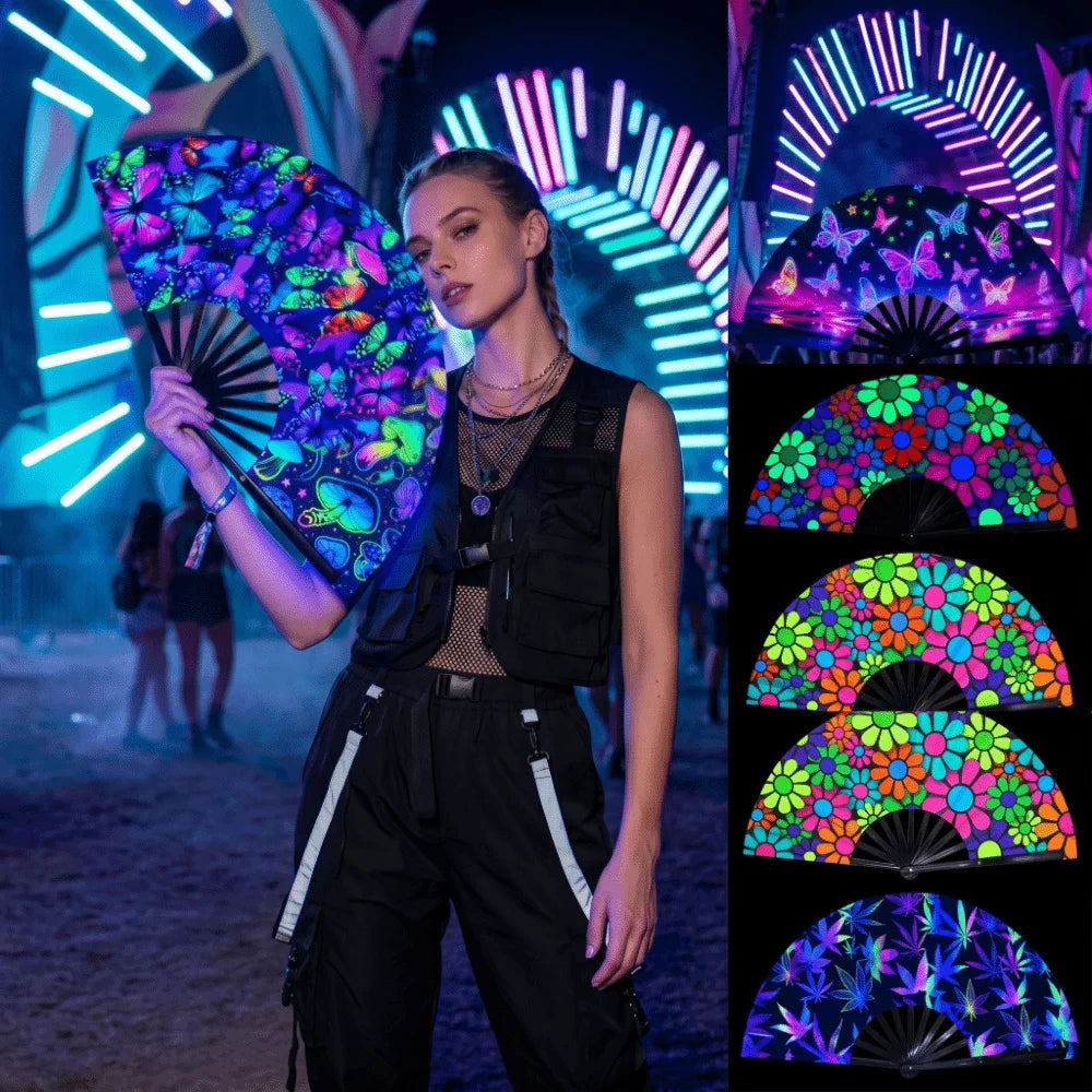 33cm Rave Hand Fan Fluorescent Folding Large Folding Hand Fan Holographic Gradient Colorful Portable Handheld Fan Carnival Vue