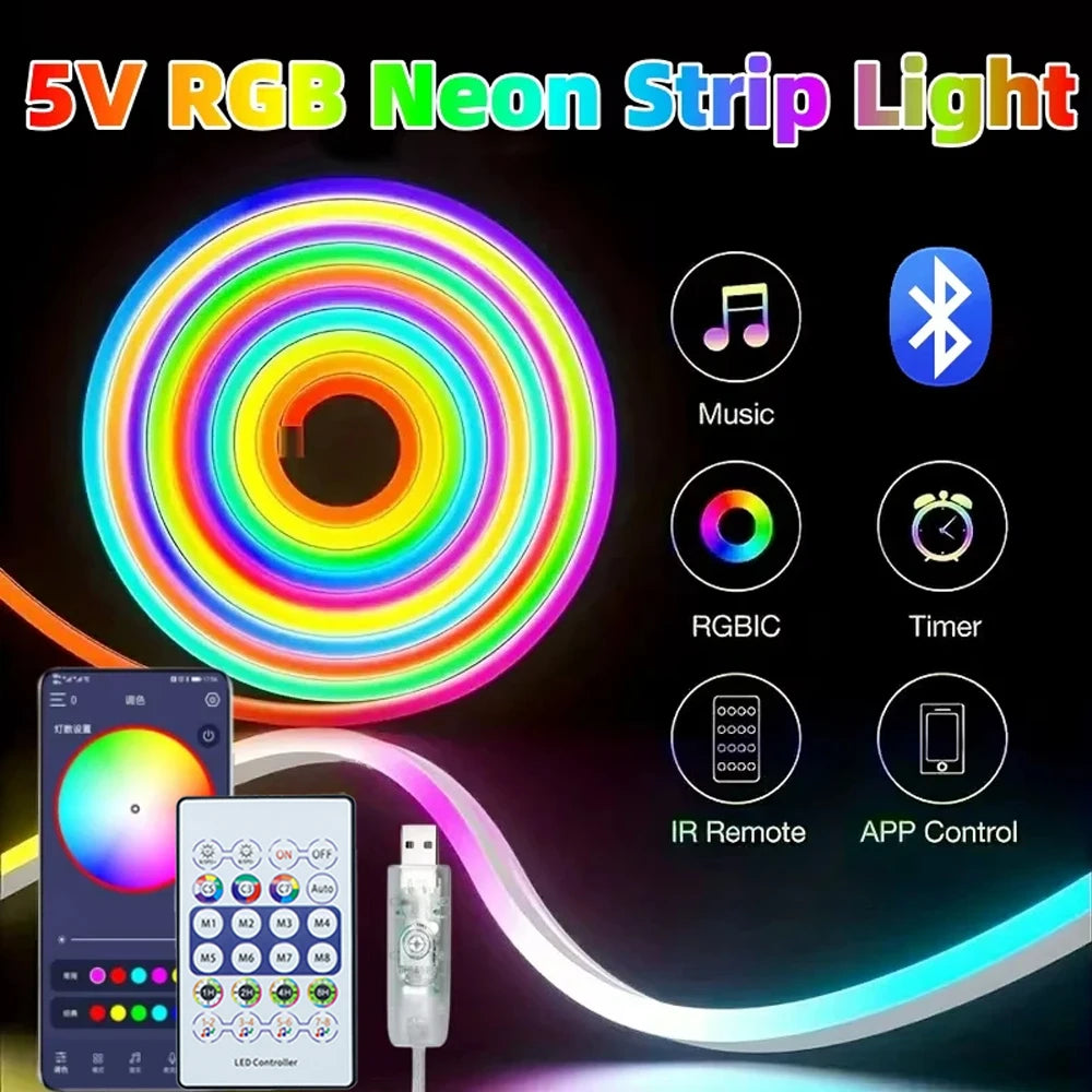 RGB Flexible LED Strip Lights USB Neon Rope Lights Remote App Control Music Sync Color Change Gaming Room Party Decor DIY Design Vue