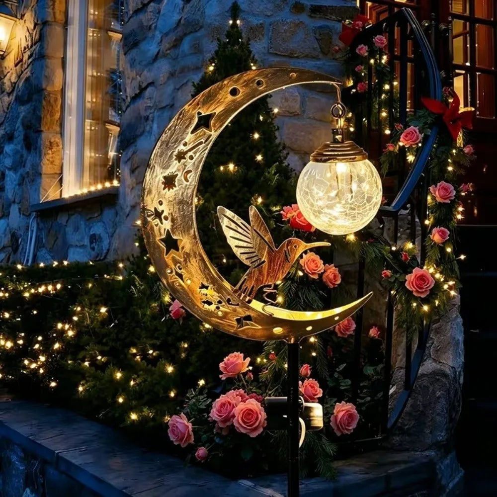 Waterproof Solar Garden Stake Light Solar Powered Half-Moon Design Hummingbird Moon Light Creative Floor Insertion Lawn Lamp Vue