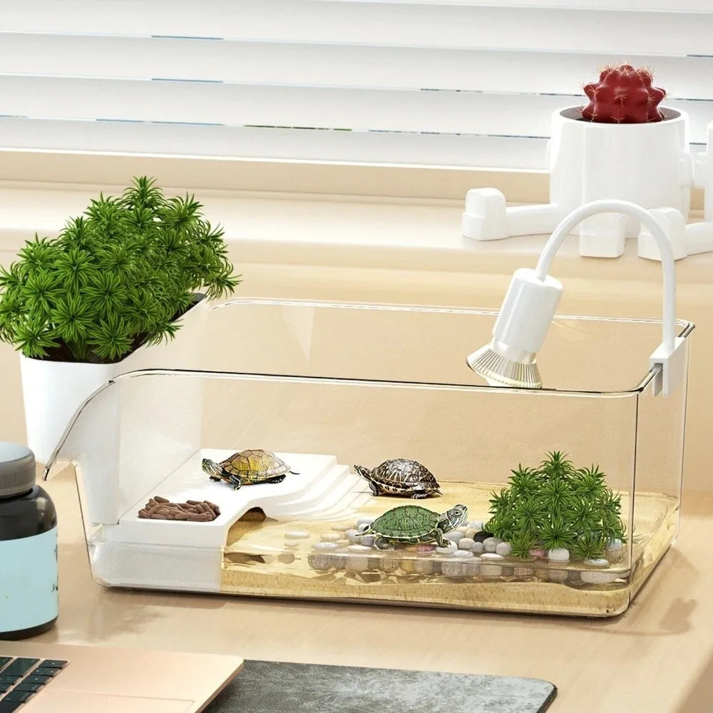 Transparent Turtle Tank Basking Area Plastic Reptile Terrarium with Climbing Spot Dry Wet Separation Turtle Basking Platform Vue