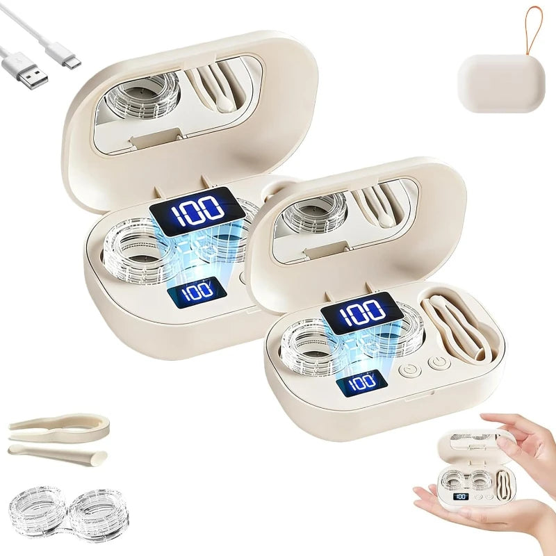 Portable Rechargeable Ultrasonic Contact Lens Cleaner Case Compact Deep Cleaning Device Machine for Travel Office Vue 2PCS Beige