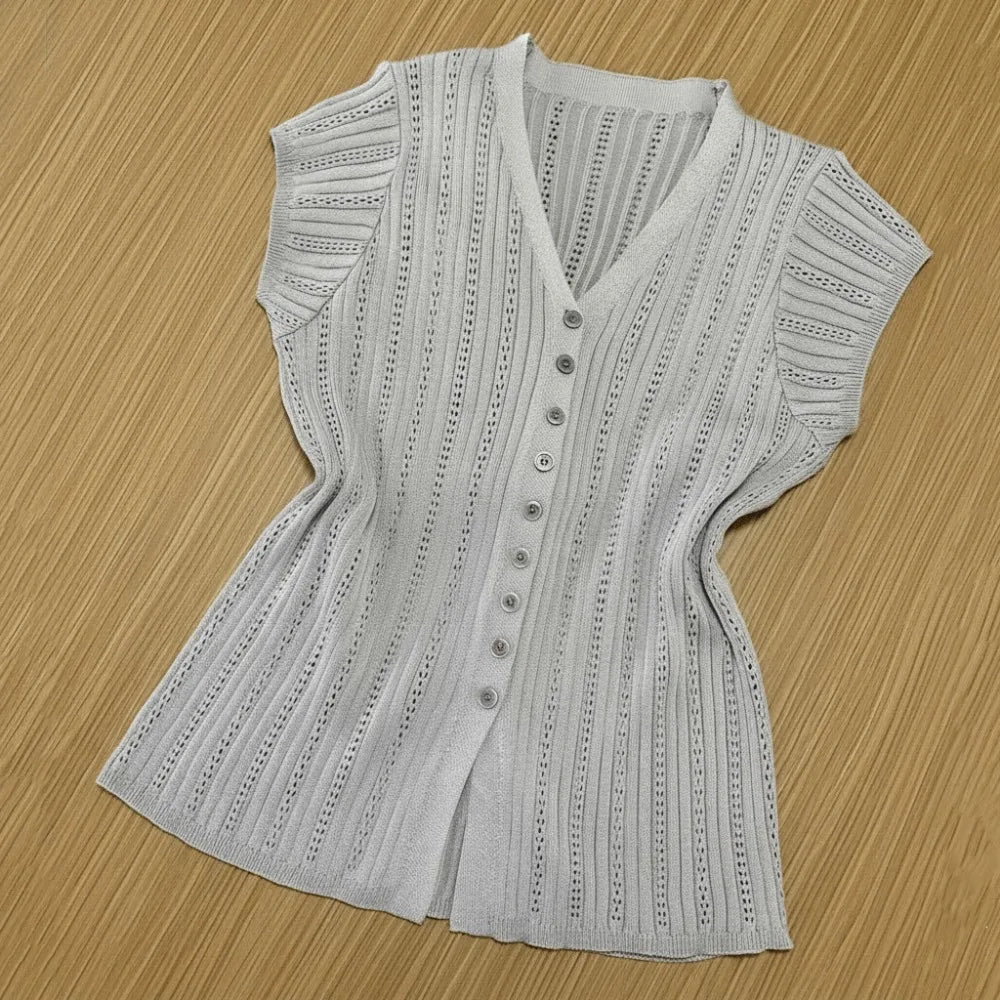 Fashion Solid Ice Silk Knitted Cardigan V-neck Hollow Short Sleeves Vue Grey One Size