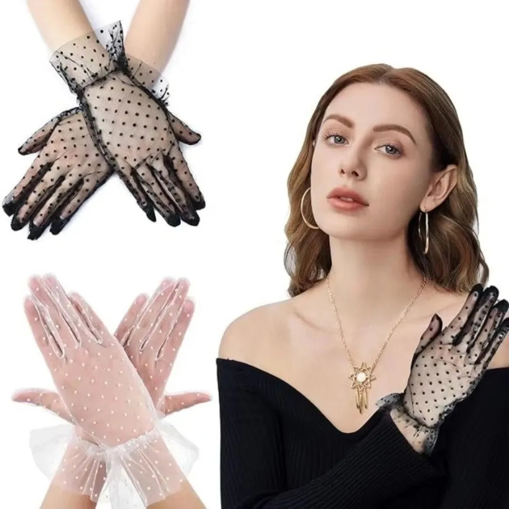 Fashion Ultra Thin Tulle Polka Dot Gloves Full Finger Breathable Lace