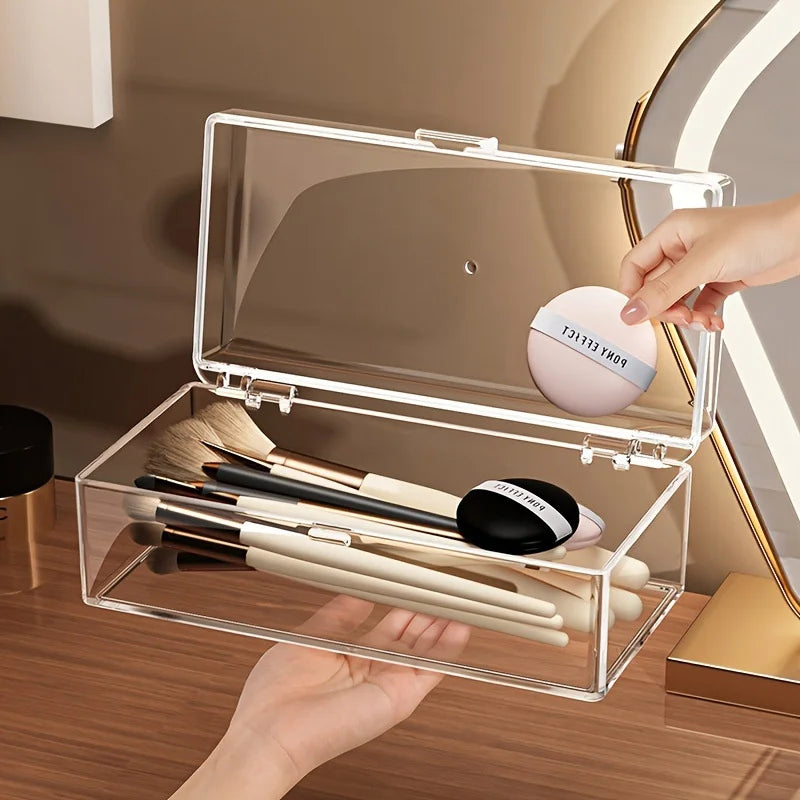 Stackable Acrylic Makeup Brushes Storage Box with Lid Clear Makeup Sponges Organizer Dustproof Cosmetic Tools Puff Storage Case Vue