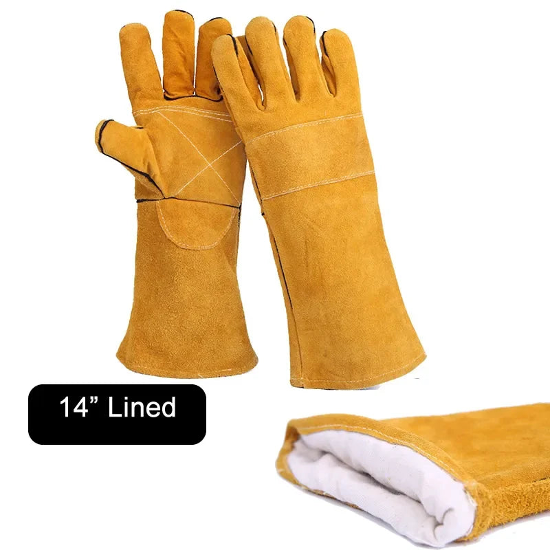 10"-14" Leather Welding Gloves Anti-Cut Temperature Resistant Fire-Proof Cowhide Work Safety Gloves Hands Protection Vue 14Inch-Lined