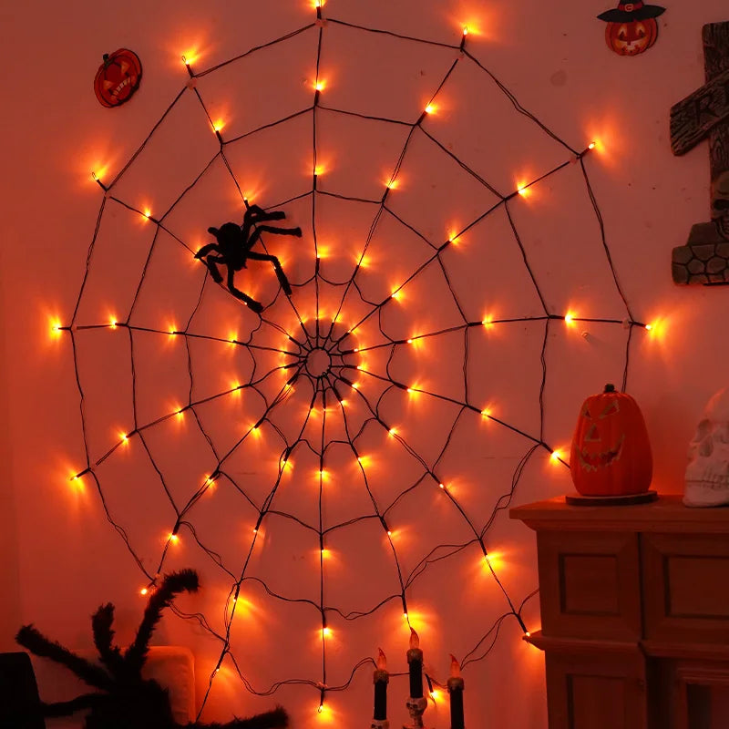 Halloween Spider Web LED String Lights, Orange Glow Spider Net Light with Black Spider for Indoor Outdoor Haunted Party Decor Vue